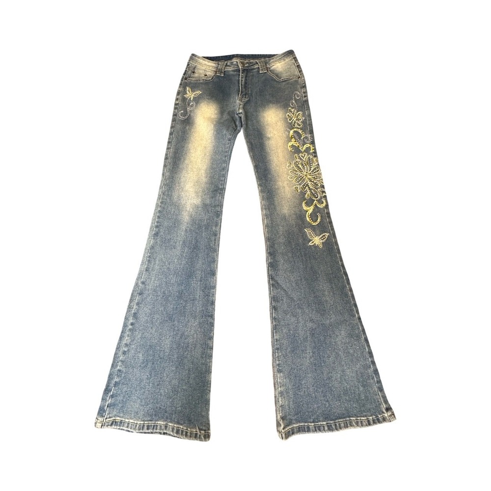 ROMWE Jeans Women L Blue Floral Butterfly Rhinestone Embellished Flare Y2K Denim